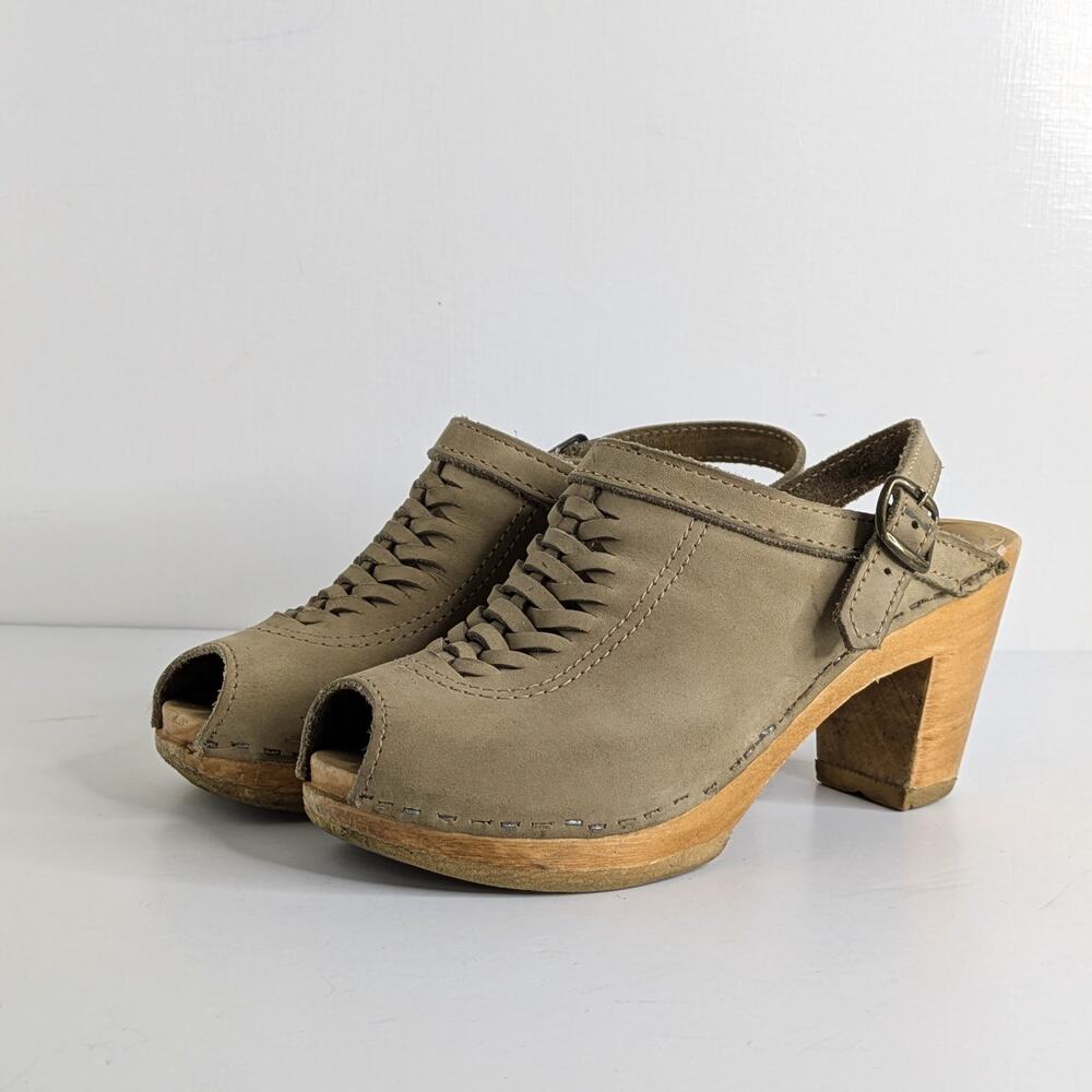 No. 6 Peep Toe Clogs 36 Tan Leather Wood Heel Strap Braided Vamp 6-6.5 - Picture 15 of 15